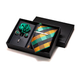 Gravatas luxuosas de seda com listras verdes escuras, acessórios de casamento, gravata masculina, bolso quadrado, abotoaduras, pino e caixa de presente elegante