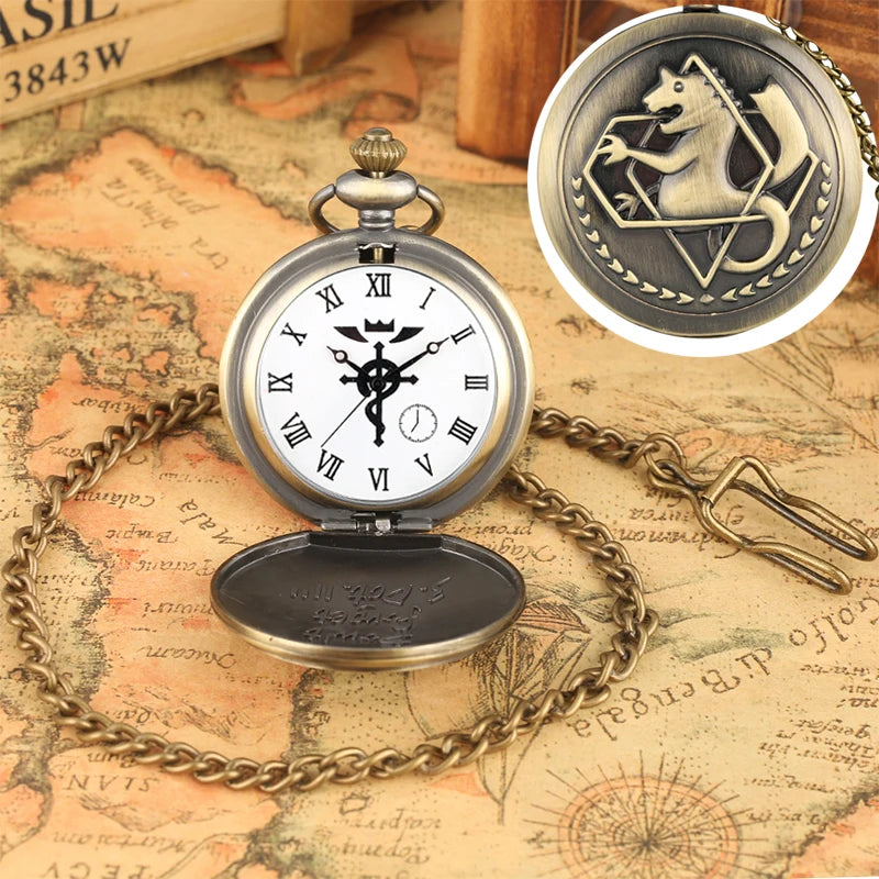 Vintage preto fullmetal alchemist relógio de bolso quartzo steampunk popular edward elric colar corrente fãs cosplay anime relógios