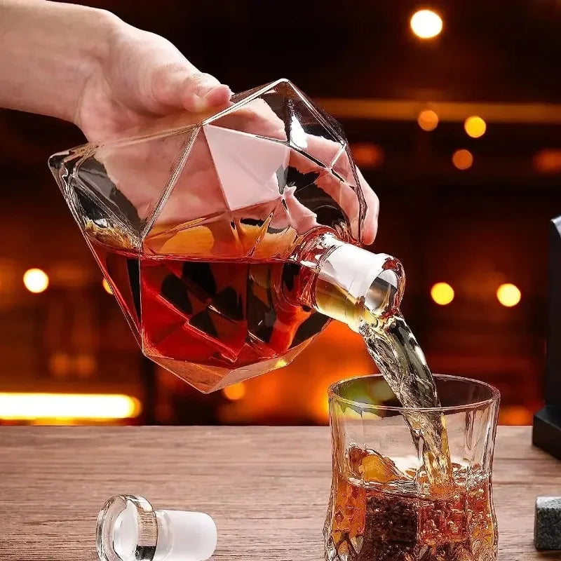 Decantador de uísque de 1000ml, garrafa de vinho de diamante de vidro com suporte de madeira, rolha hermética adequada para todos os tipos de álcool, presente