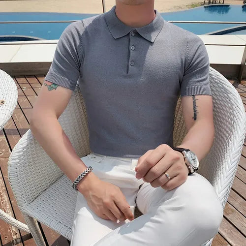 Camisa polo de manga curta Slim Fit masculina Polos de cor sólida, roupas formais de negócios casuais, novas marcas de moda, verão, 2022