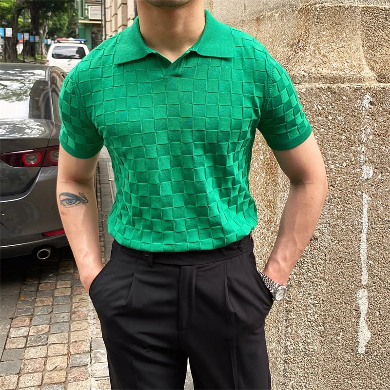 Camisas polo xadrez de malha masculina, camiseta de lapela, manga curta, gola em v, elástica, justa, casual, de negócios, social, verão, 2022