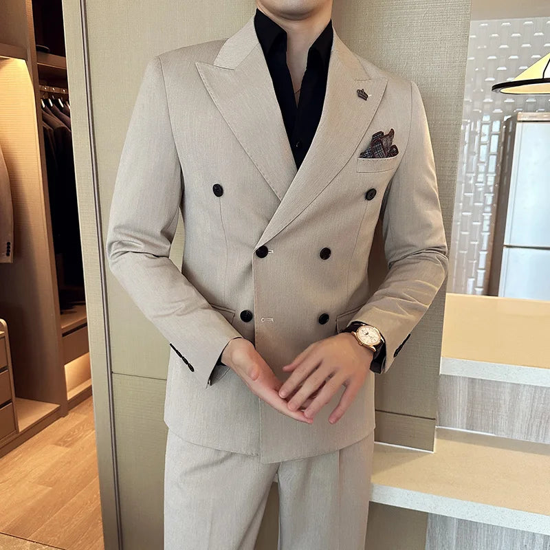 (Blazer + calças) moda duplo breasted design fino terno masculino estilo italiano luxo casamento festa social smoking 2 peça conjunto