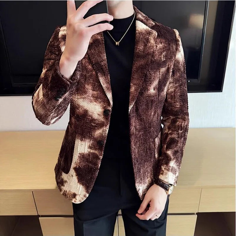 Alta qualidade tie dye chenille moda masculina casual terno jaqueta outono inverno novo coreano fino ajuste terno de casamento social blazer