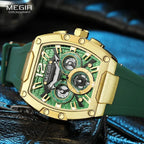MEGIR-Relógio quartzo impermeável masculino, verde dourado, pulseira de silicone, cronógrafo, relógio de pulso com data, ponteiros luminosos, moda desportiva