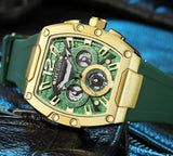 MEGIR-Relógio quartzo impermeável masculino, verde dourado, pulseira de silicone, cronógrafo, relógio de pulso com data, ponteiros luminosos, moda desportiva