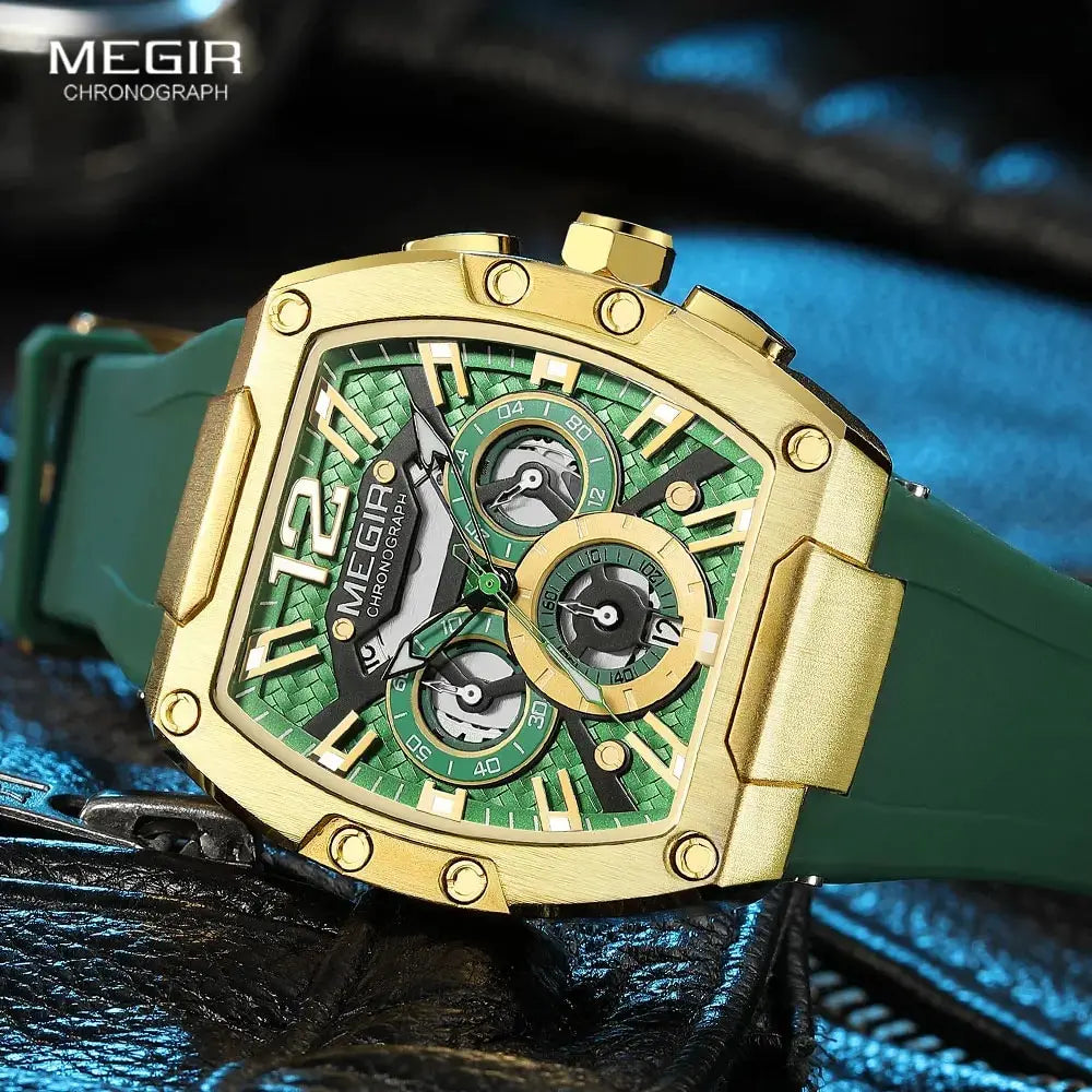 MEGIR-Relógio quartzo impermeável masculino, verde dourado, pulseira de silicone, cronógrafo, relógio de pulso com data, ponteiros luminosos, moda desportiva