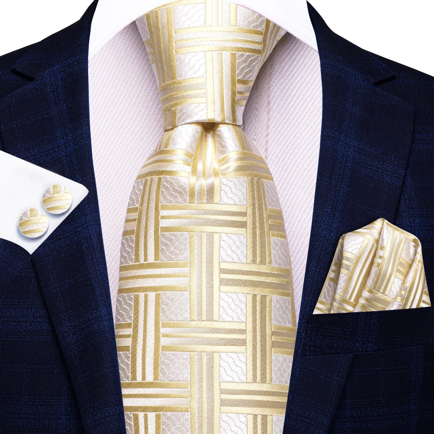 Hi-tie floral champanhe marfim masculino elegante gravata lenço abotoaduras para smoking moda clássico seda gravata de luxo para homem