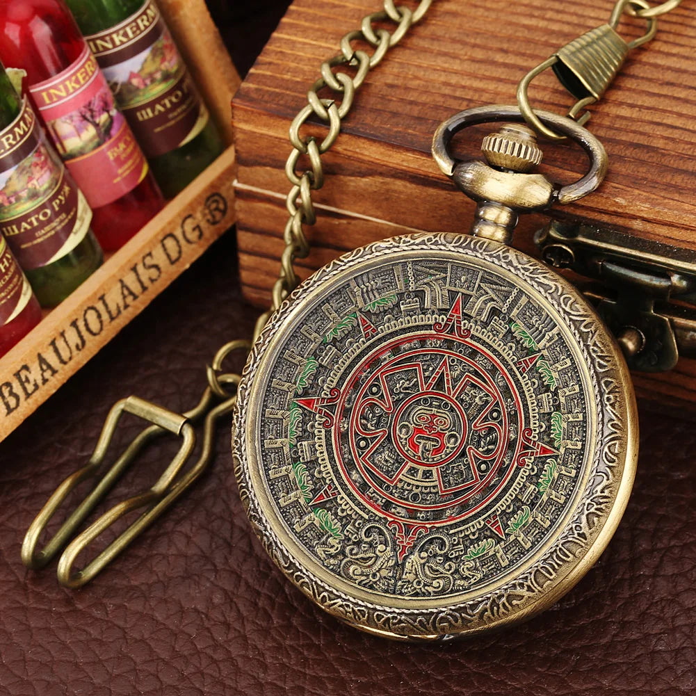 Bronze mexicano maya asteca calendário arte profecia cultura banhado a ouro moeda relógio de bolso de quartzo com colar de 80cm/corrente de cintura de 38cm