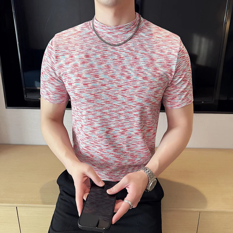 Camiseta camuflada masculina verão meia gola alta ajuste fino manga curta moda versátil camisetas casuais topos roupas masculinas