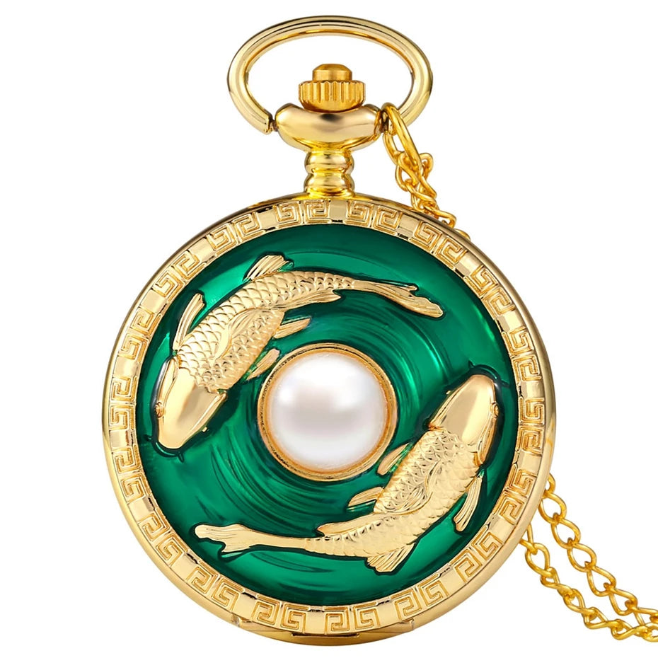 Luxo superior ouro peixes colar relógio de bolso de quartzo vívido peixe pérola padrão fob corrente pingente verde constellation clock presentes