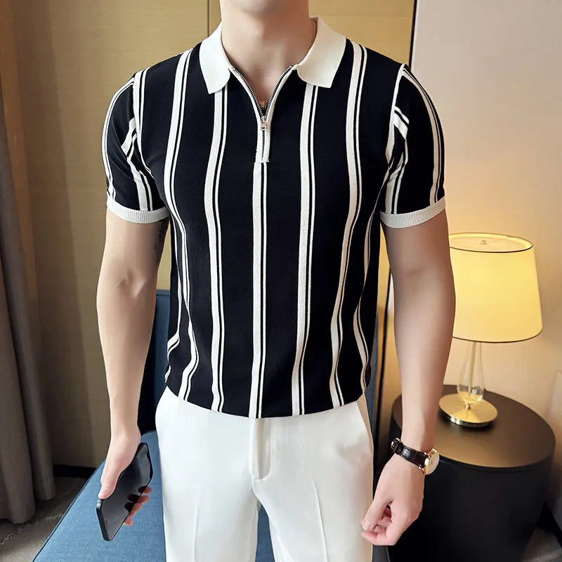 Verão vintage listrado fino ajuste polos camisas meio zíper design casual manga curta camiseta de seda gelo roupas masculinas de alta qualidade