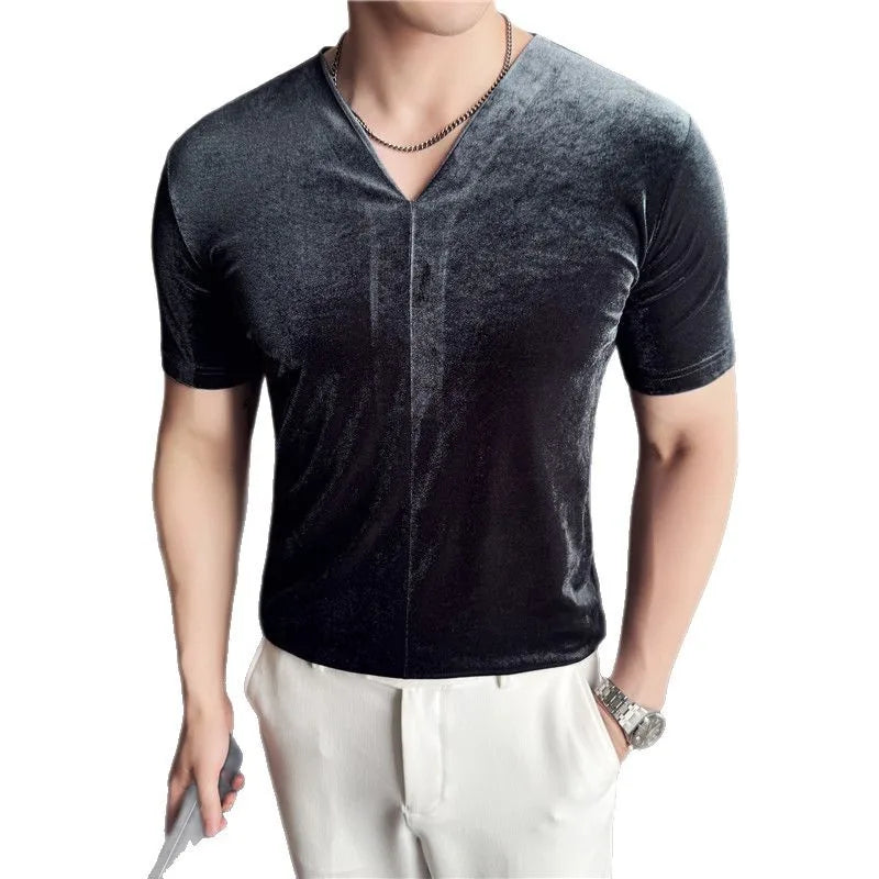 Camisetas elásticas com decote em v de veludo 2025 verão novo ajuste fino respirável manga curta camiseta cor sólida moda casual camisetas