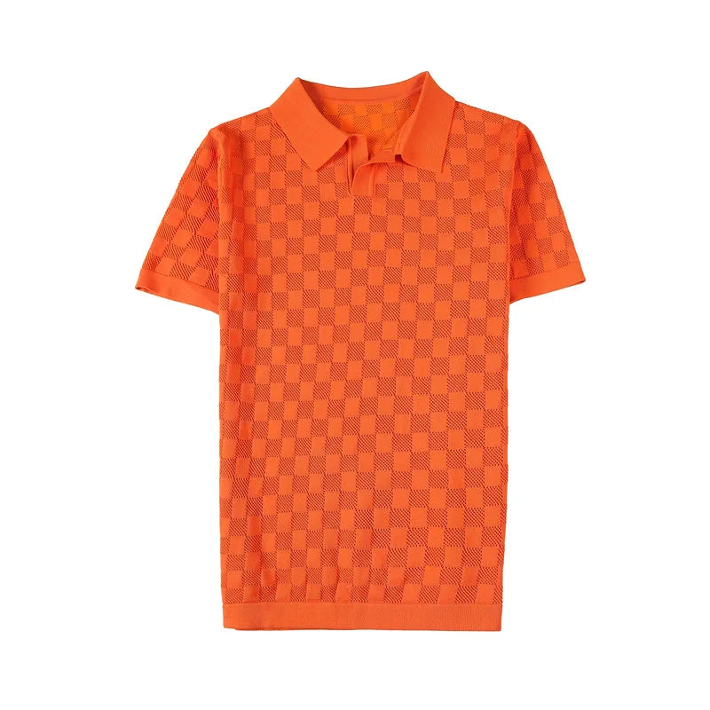 Camisa polo de malha fina de seda e gelo masculina, camiseta casual, manga curta, gola em O, justa, respirável, elástica, malha, masculina, verão