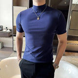 Outono inverno masculino meia alta pescoço manga curta camiseta coreano fino ajuste cor sólida camisa inferior casual algodão elástico camisetas