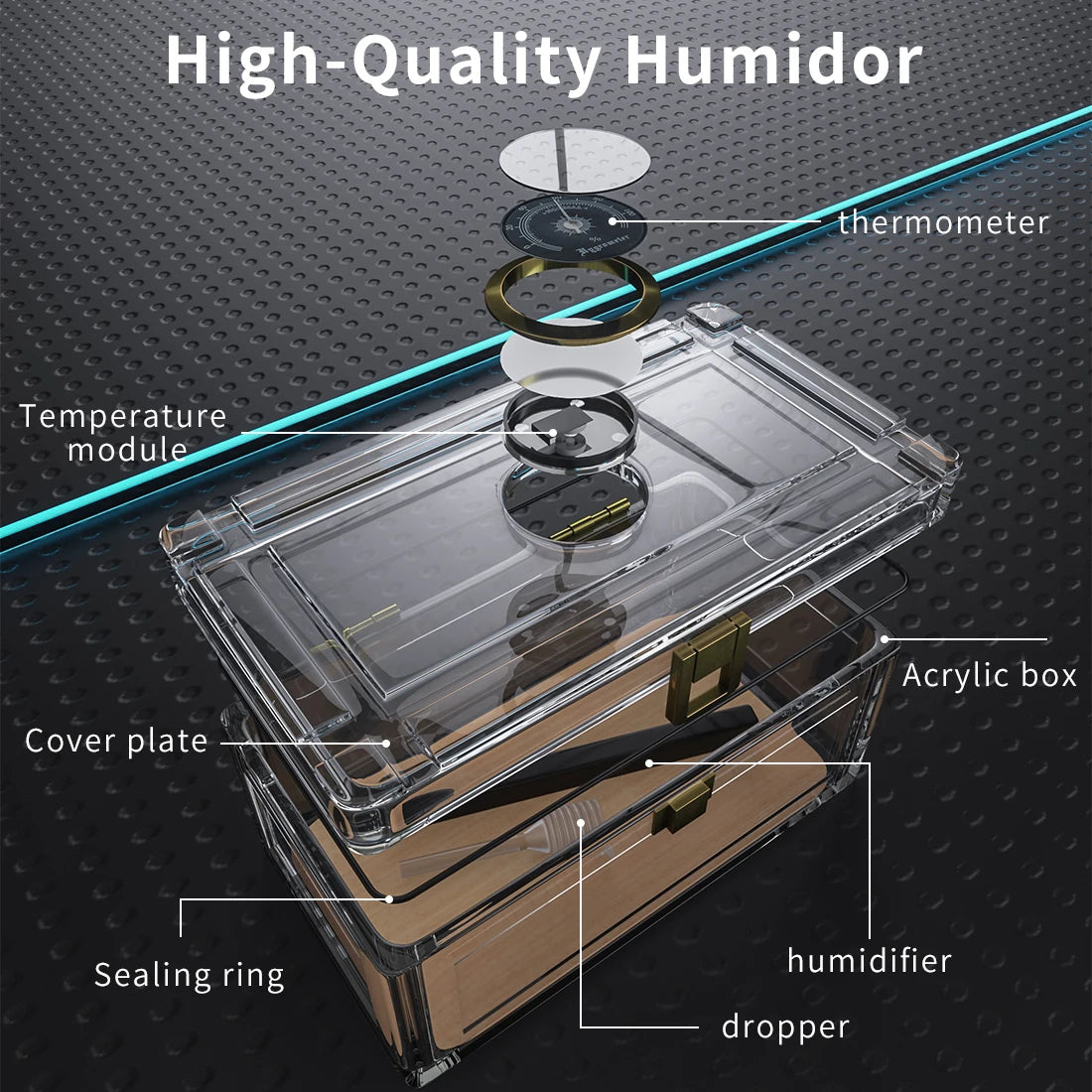 Humidor de charuto acrílico com papel de madeira de cedro, caixa do humidor, higrômetro, estojo do umidificador, acessórios para fumar, ajuste 15-20