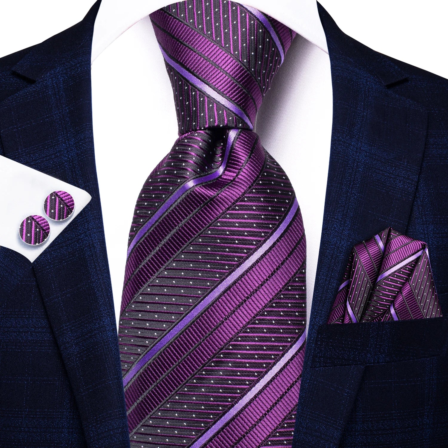 Hi-tie listrado borgonha azul preto masculino elegante gravata lenço abotoaduras 3 pçs conjunto moda clássico seda gravata de luxo para homem