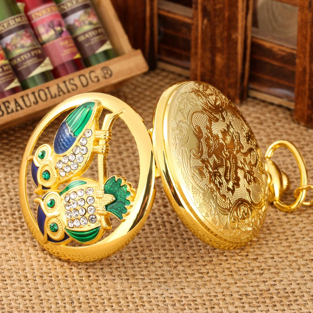 Encantador relógio de bolso de quartzo coruja incrustado de diamante, dourado artesanato arte, corrente oca relógio, camisola pingente, luxo