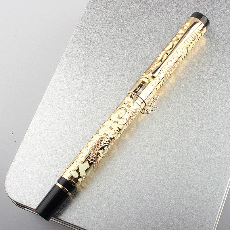 Caneta Tinteiro Luxuosa com Escultura de Dragão em Metal