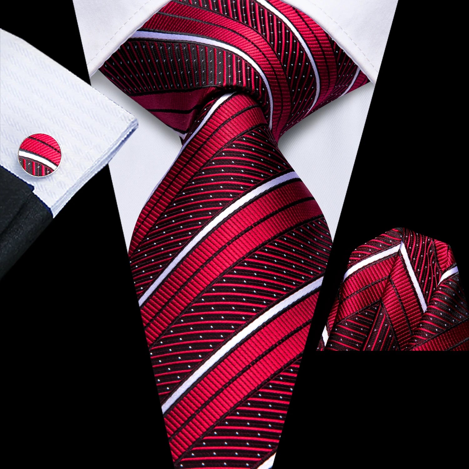 Hi-tie listrado borgonha azul preto masculino elegante gravata lenço abotoaduras 3 pçs conjunto moda clássico seda gravata de luxo para homem