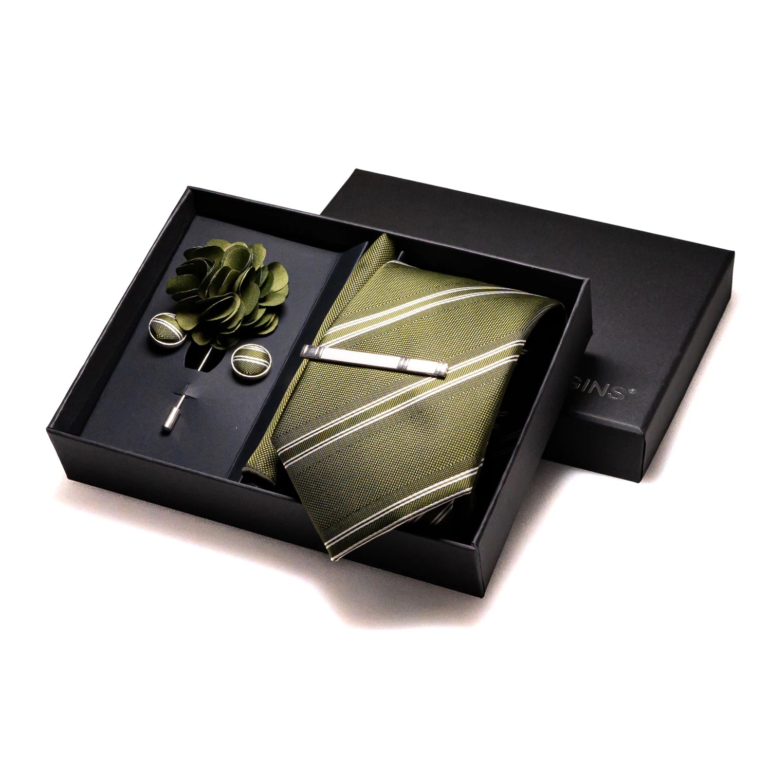 Gravatas luxuosas de seda com listras verdes escuras, acessórios de casamento, gravata masculina, bolso quadrado, abotoaduras, pino e caixa de presente elegante