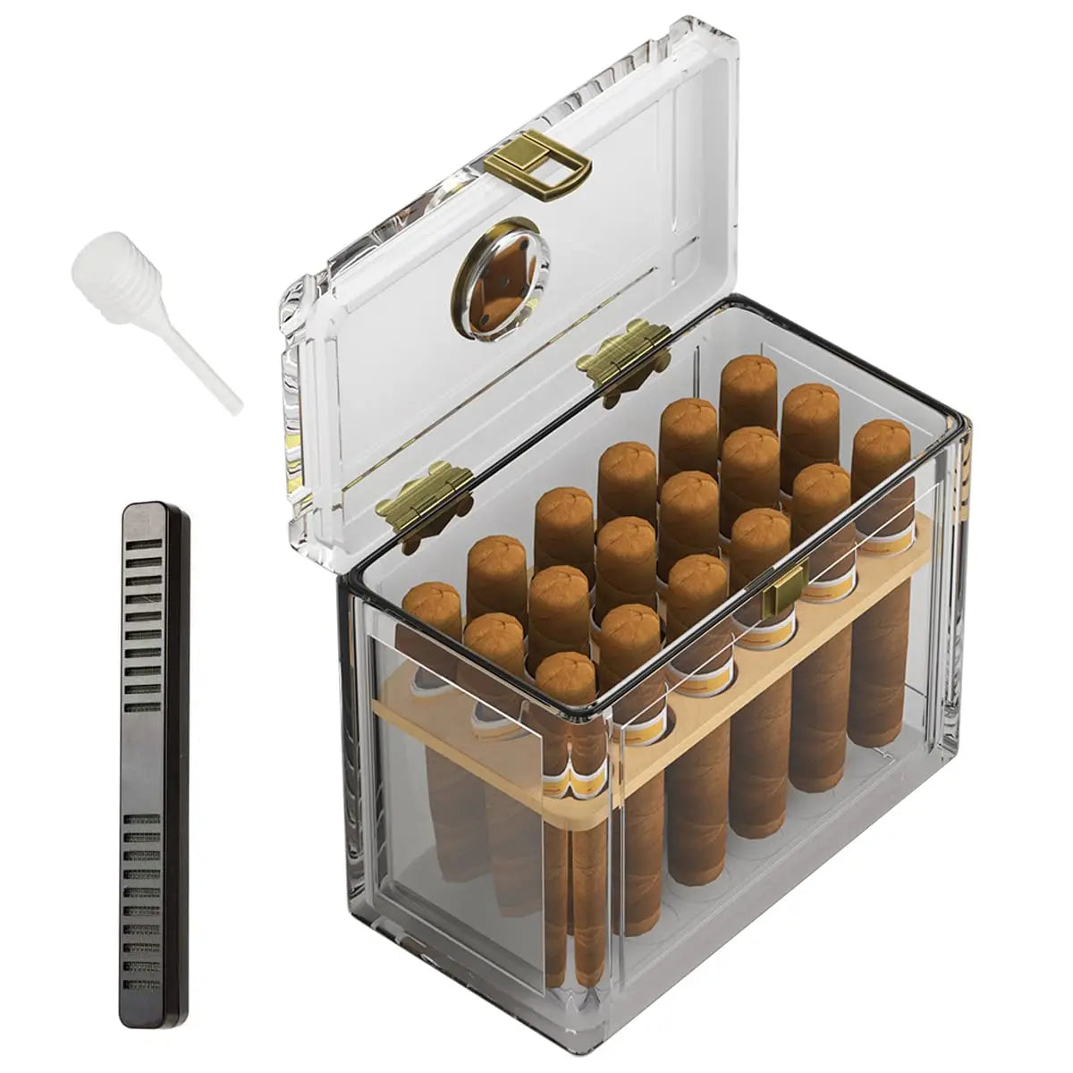 Humidor de charuto acrílico com papel de madeira de cedro, caixa do humidor, higrômetro, estojo do umidificador, acessórios para fumar, ajuste 15-20
