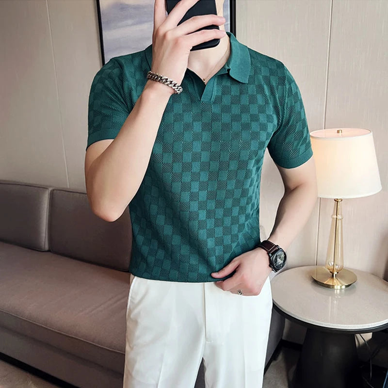 Camisa polo de malha fina de seda e gelo masculina, camiseta casual, manga curta, gola em O, justa, respirável, elástica, malha, masculina, verão
