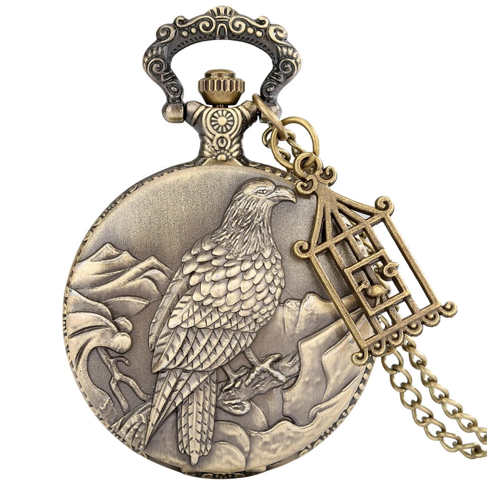Dois pequenos pássaros estilo retro relógio de bolso de quartzo corrente steampunk colar pingente fob relógio animal com gaiola acessório