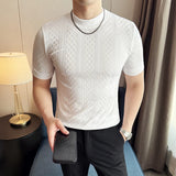 Camisa masculina listra grade t verão meia alta pescoço fino ajuste casual moda respirável elástico pulôver t roupas masculinas 4xl-m