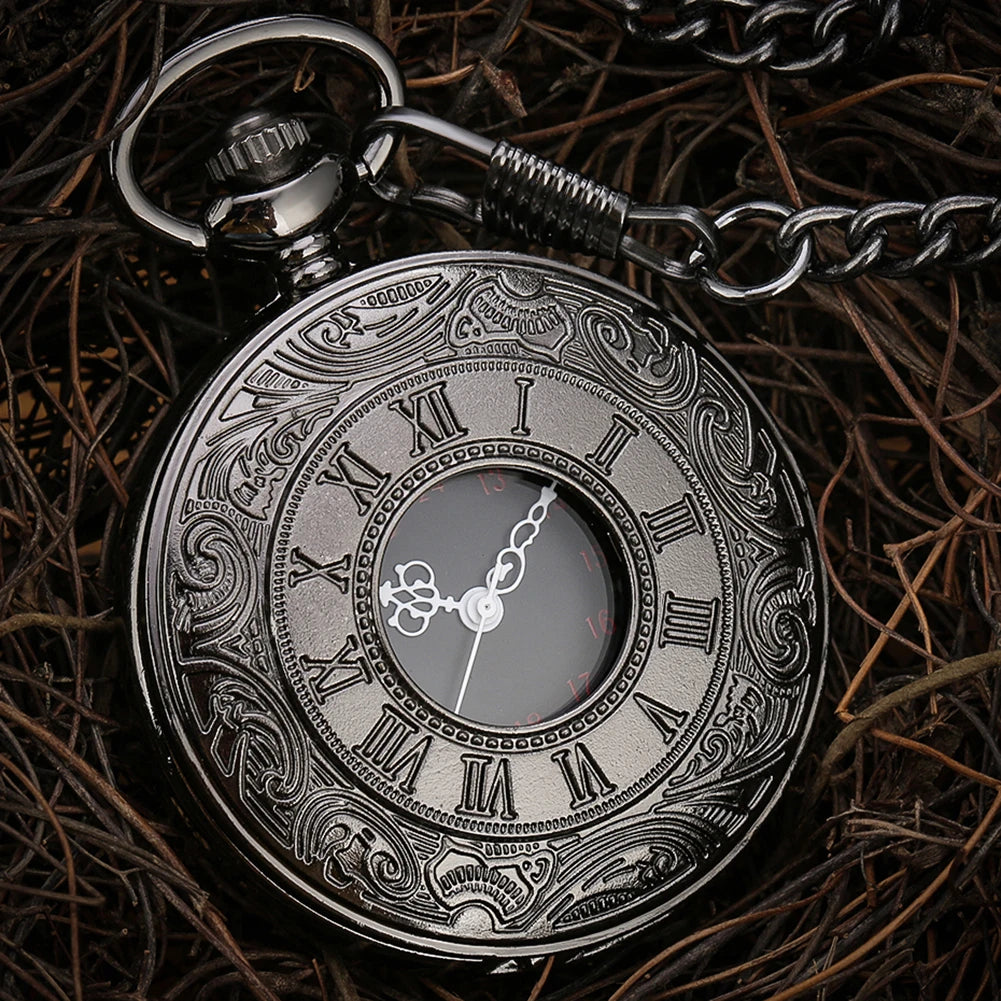 Preto numerais romanos relógio de bolso de quartzo masculino feminino preto oco caso steampunk vintage pingente colar melhores presentes para homens