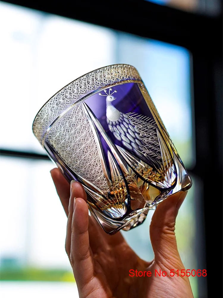 Pavão tela aberta edo kiriko corte manual roxo cristal vidro vinho snifter brandy tumbler rock copos de uísque copo produtos vidreiros