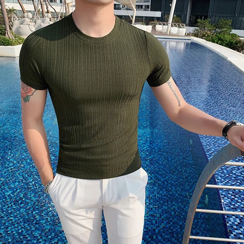 Estilo britânico verão fino gelo seda sólida t camisas roupas masculinas 2022 em torno do pescoço manga curta fino ajuste casual camiseta topo streetwear