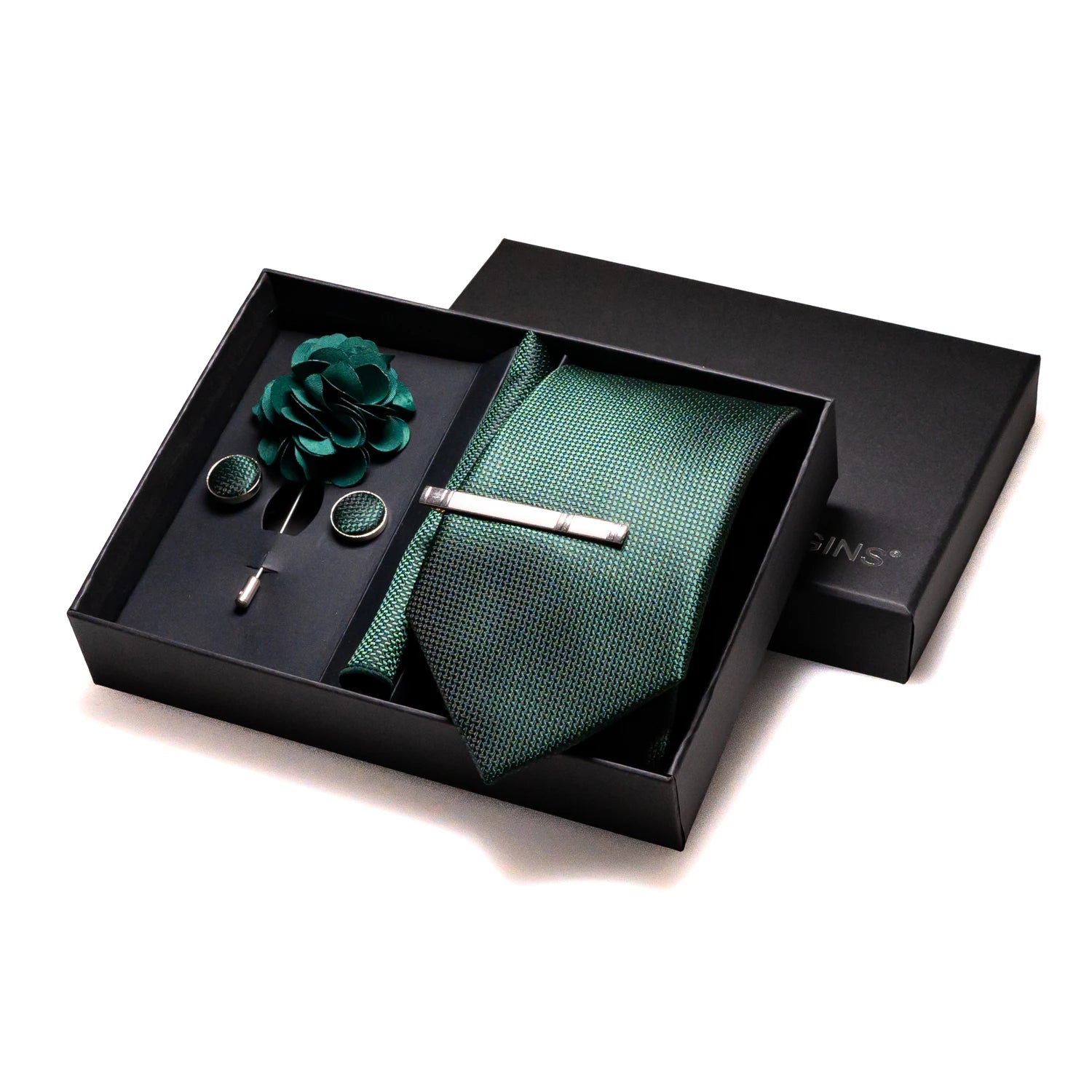 Gravatas luxuosas de seda com listras verdes escuras, acessórios de casamento, gravata masculina, bolso quadrado, abotoaduras, pino e caixa de presente elegante