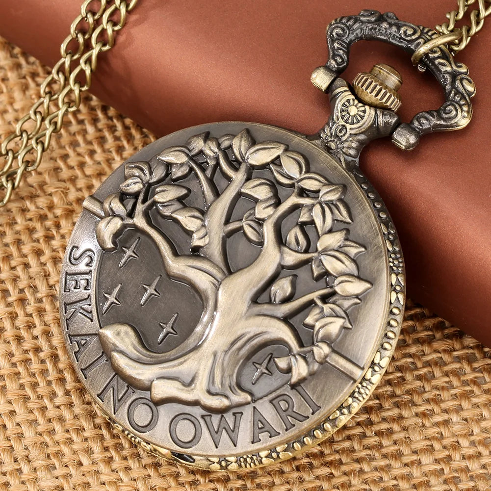Árvore da vida padrão de bronze esboço tinta pintura dial vintage relógio de bolso com corrente antigo colar relógio de quartzo para homens