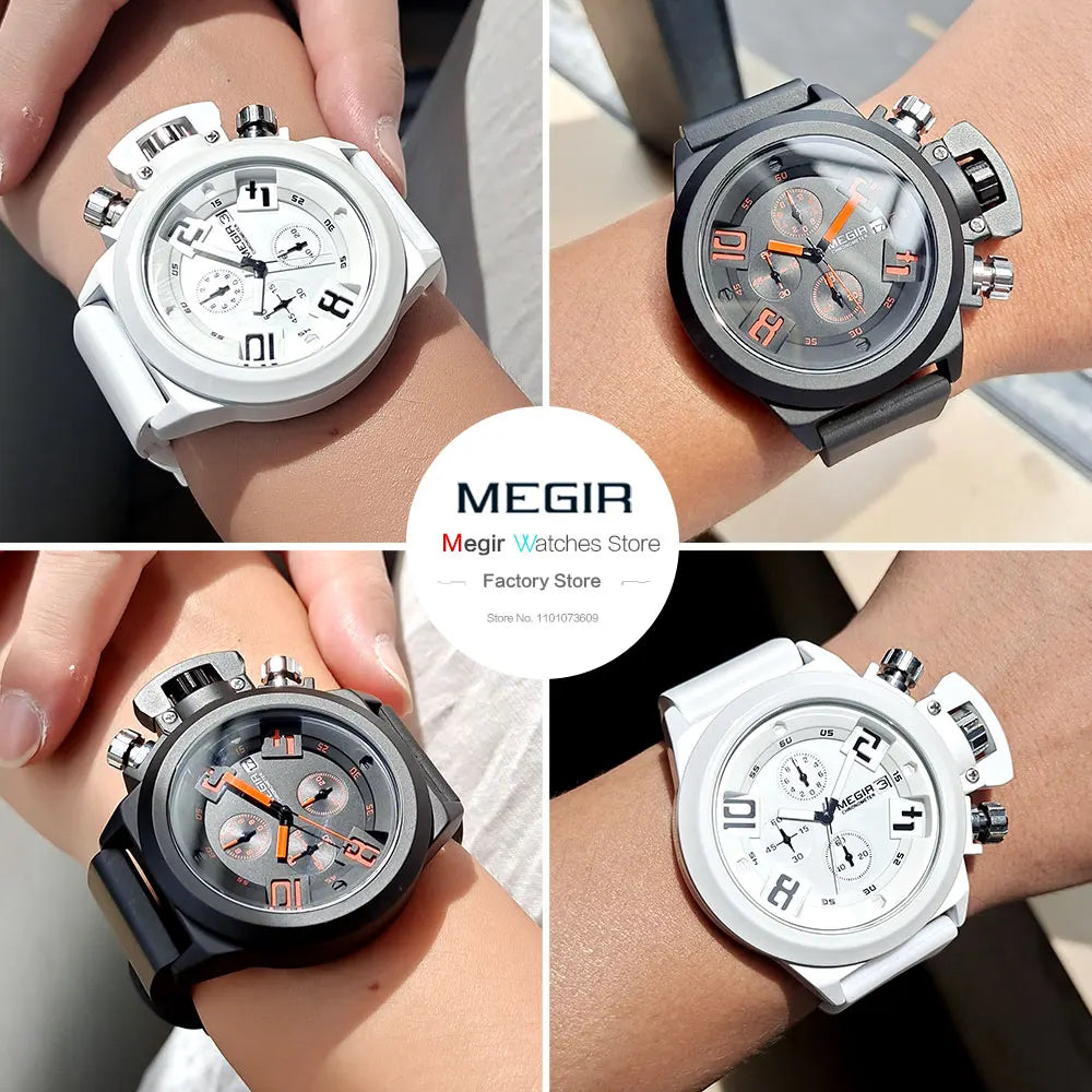 Megir moda masculina pulseira de silicone esporte quartzo relógios de pulso analógico display cronógrafo relógio preto para homem com calendário 2002