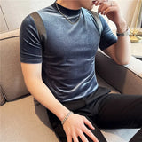 Primavera verão moda couro do plutônio emendado camiseta masculina 2025 novo ajuste fino meia gola alta elástica manga curta camiseta 4xl-m