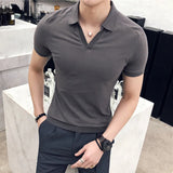 Polo com decote em v respirável masculino, manga curta, slim fit, camiseta monocromática, roupas de streetwear, nova moda, verão, 4XL, 2022