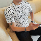 Moda verão leopardo reunindo camisetas masculinas 2025 nova gola redonda fino ajuste manga curta casual camiseta roupas masculinas 4xl-m