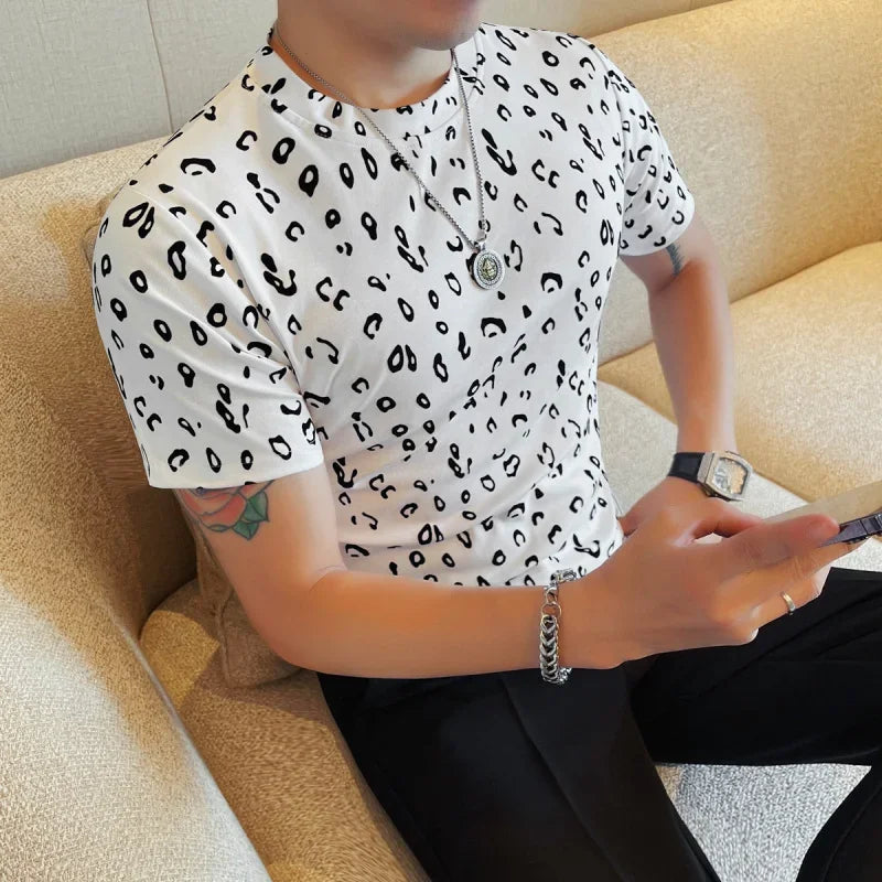 Moda verão leopardo reunindo camisetas masculinas 2025 nova gola redonda fino ajuste manga curta casual camiseta roupas masculinas 4xl-m