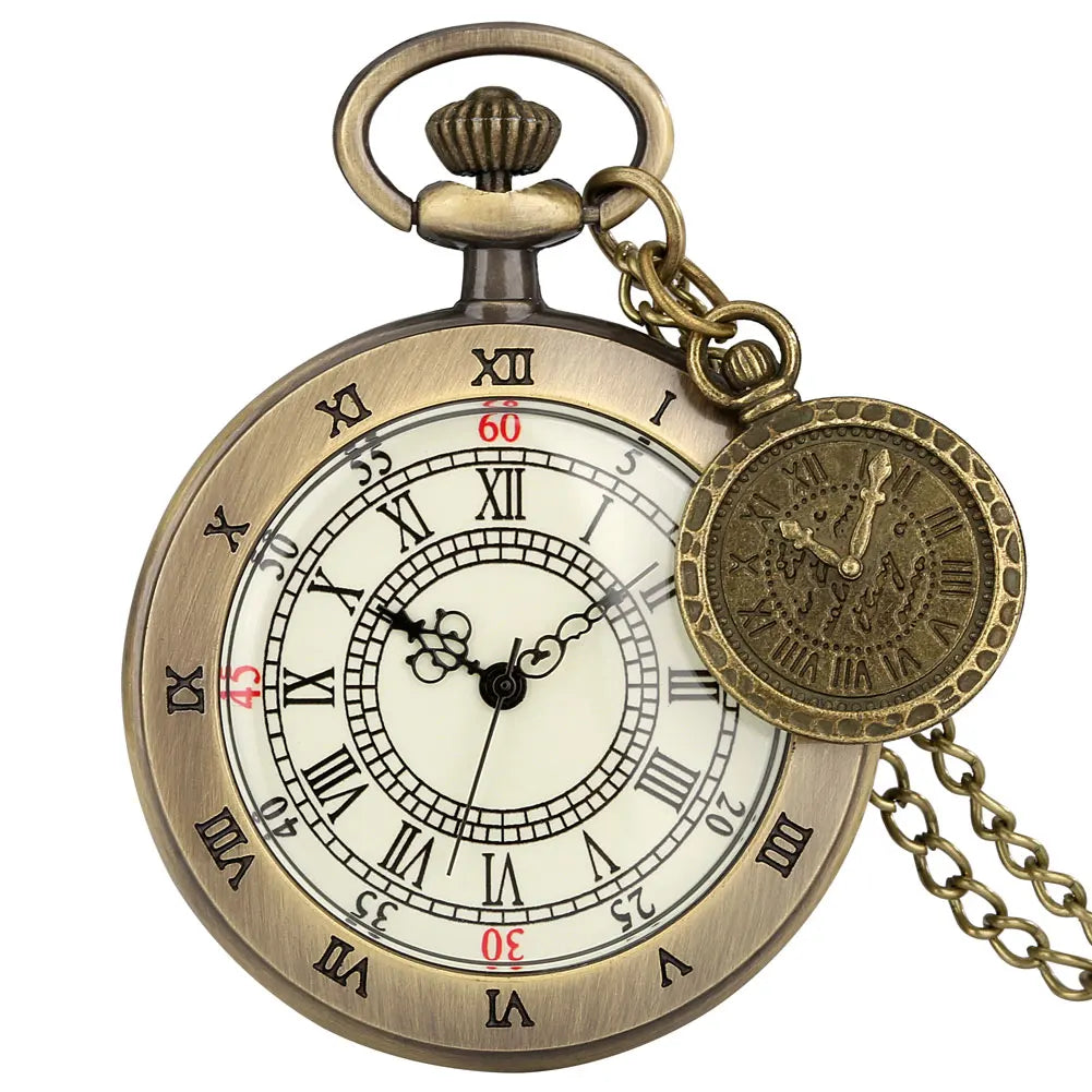 Aberto rosto relógio de bolso quartzo números romanos analógico display pingente bronze retro relógio colar corrente reloj com acessório relógio