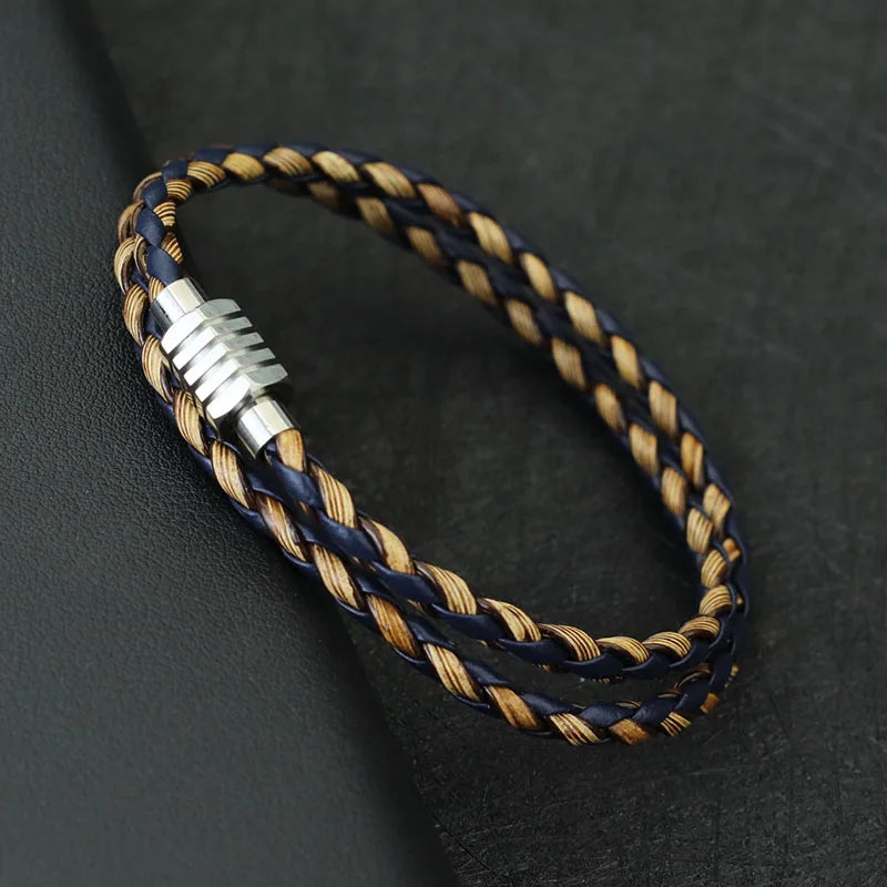 Noter minimalista masculino pulseira artesanal de couro trançado braclet homme aço inoxidável magentic fecho lazer acessórios pulsera
