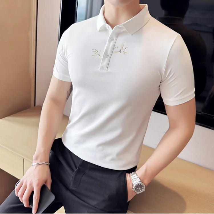 Moda verão novas camisas polo bordadas 2025 masculina de alta qualidade manga curta fino ajuste elástico casual camiseta topo roupas masculinas