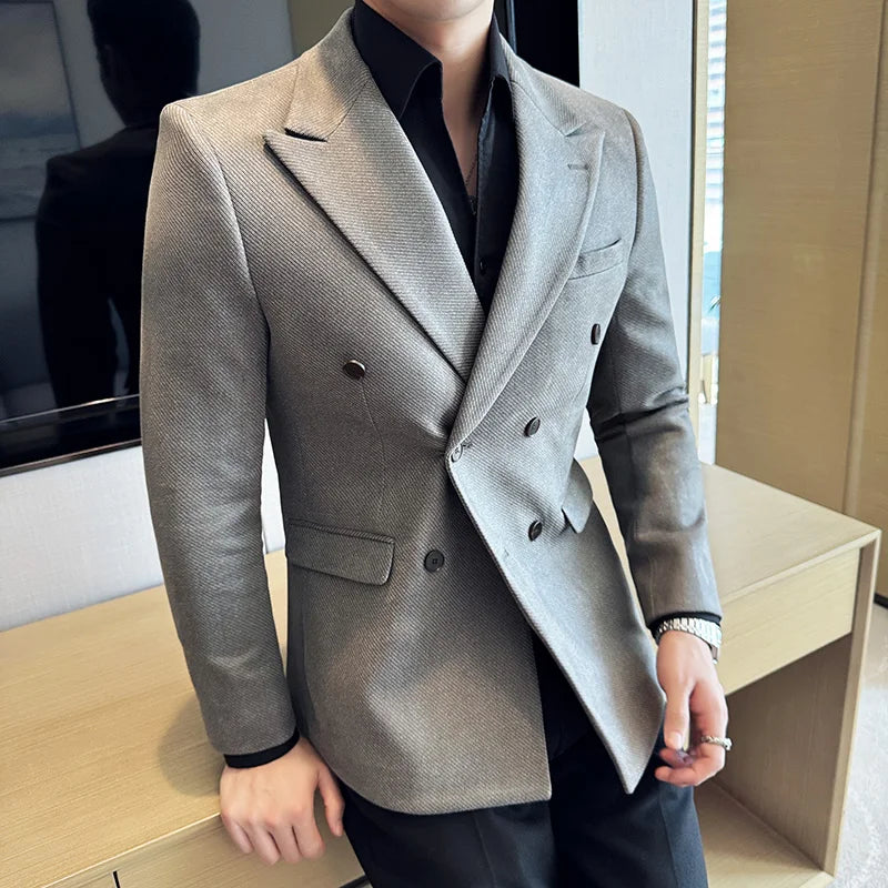 Homens de alta qualidade duplo breasted blazer camurça sarja dourada fino ajuste negócios social formal terno jaqueta tailcoats roupas masculinas