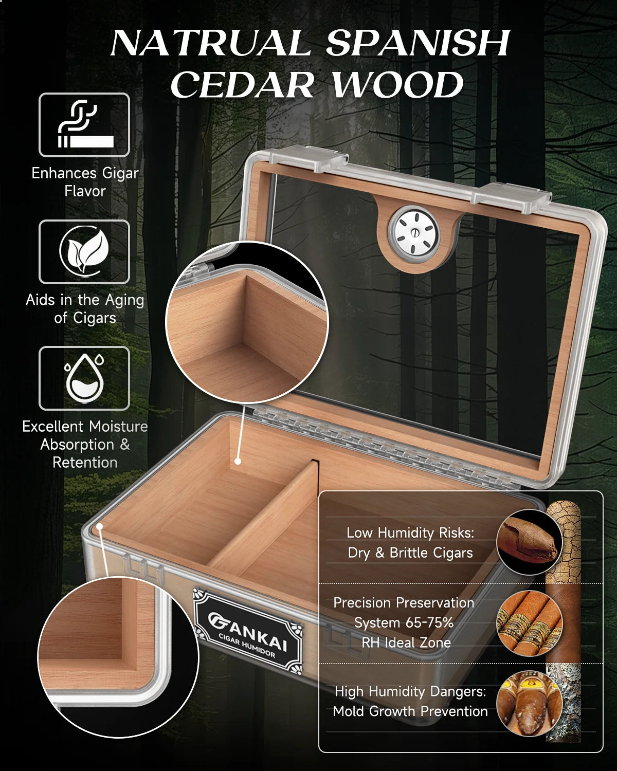 Caixa de charutos Humidor, com guilhotina cortadora, corte V, perfurador e suporte, caixa de charutos com tampo de vidro, forro de madeira de cedro, higrômetro umidificador