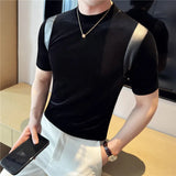 Primavera verão moda couro do plutônio emendado camiseta masculina 2025 novo ajuste fino meia gola alta elástica manga curta camiseta 4xl-m