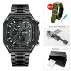 Megir relógio de quartzo preto masculino, à prova d'água, mostrador quadrado, relógio de pulso com cronógrafo, pulseira de aço inoxidável, mãos luminosas, data automática