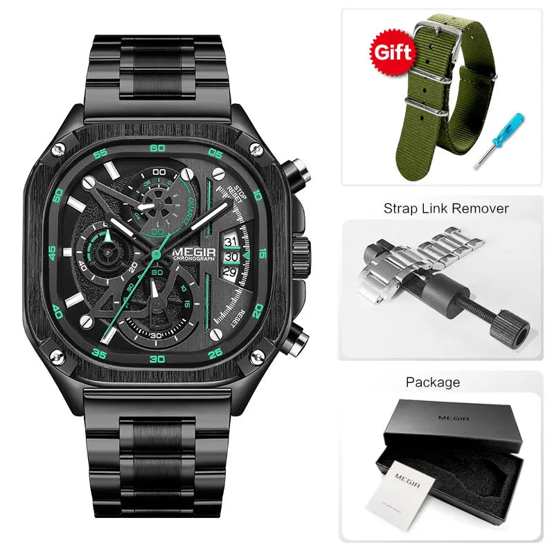 Megir relógio de quartzo preto masculino, à prova d'água, mostrador quadrado, relógio de pulso com cronógrafo, pulseira de aço inoxidável, mãos luminosas, data automática