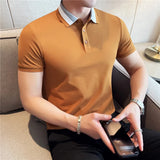 Verão de malha cor bloqueada listra colarinho polos camisas de alta qualidade moda masculina manga curta magro camiseta topo roupas masculinas