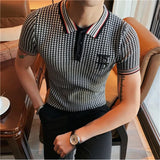 Estilo britânico verão lapela manga curta de malha camisa polo roupas masculinas 2022 houndstooth bordado fino ajuste camisa casual