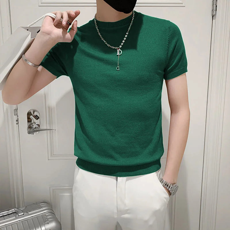 Verão fino pulôver meia gola alta camiseta masculina de malha manga curta topo masculino cor sólida camisola magro camiseta streetwear