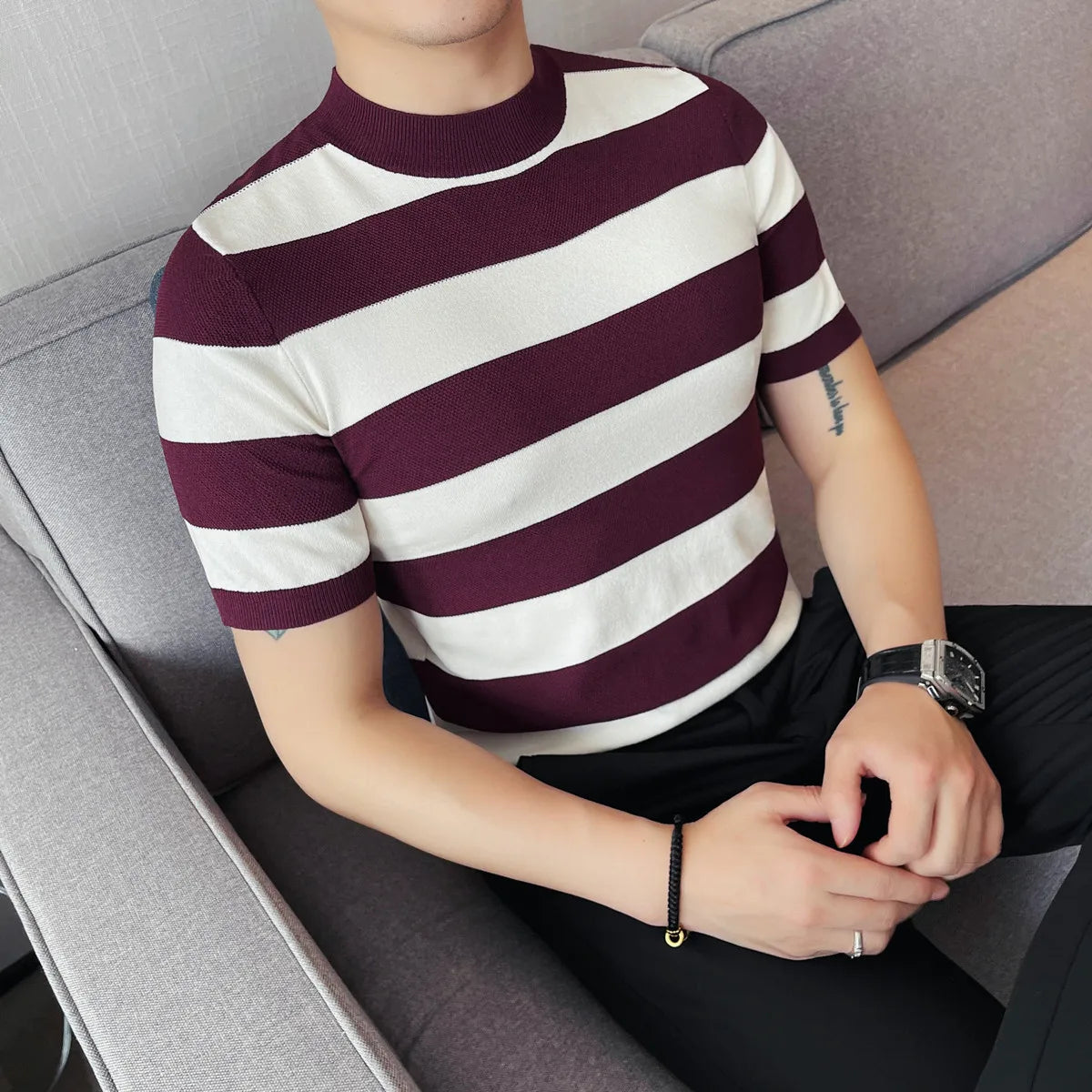 Verão tripulação pescoço manga curta malha camiseta moda listrado fino ajuste casual respirável gelo seda topos camisetas camisa roupas masculinas